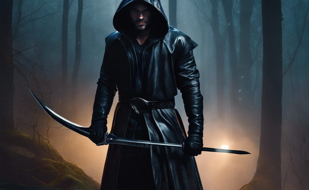 Man In A Hooded Outfit Holding A Sword In A Forest Man In A Hooded Outfit Holding A Sword In A Forest
