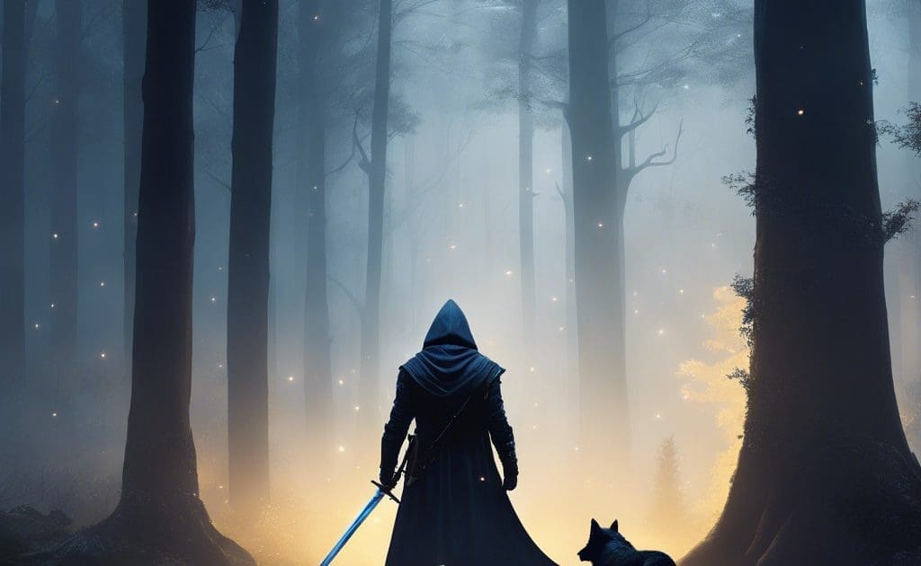 Man In A Hooded Outfit Holding A Sword In A Forest Back Man In A Hooded Outfit Holding A Sword In A Forest Back